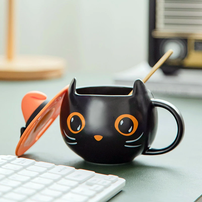 Cute Mysterious Cat Cup Halloween Pumpkin Spoon with Lid Black Cat Cup Coffee Cup Christmas Gift For Family Couples Friends Mug