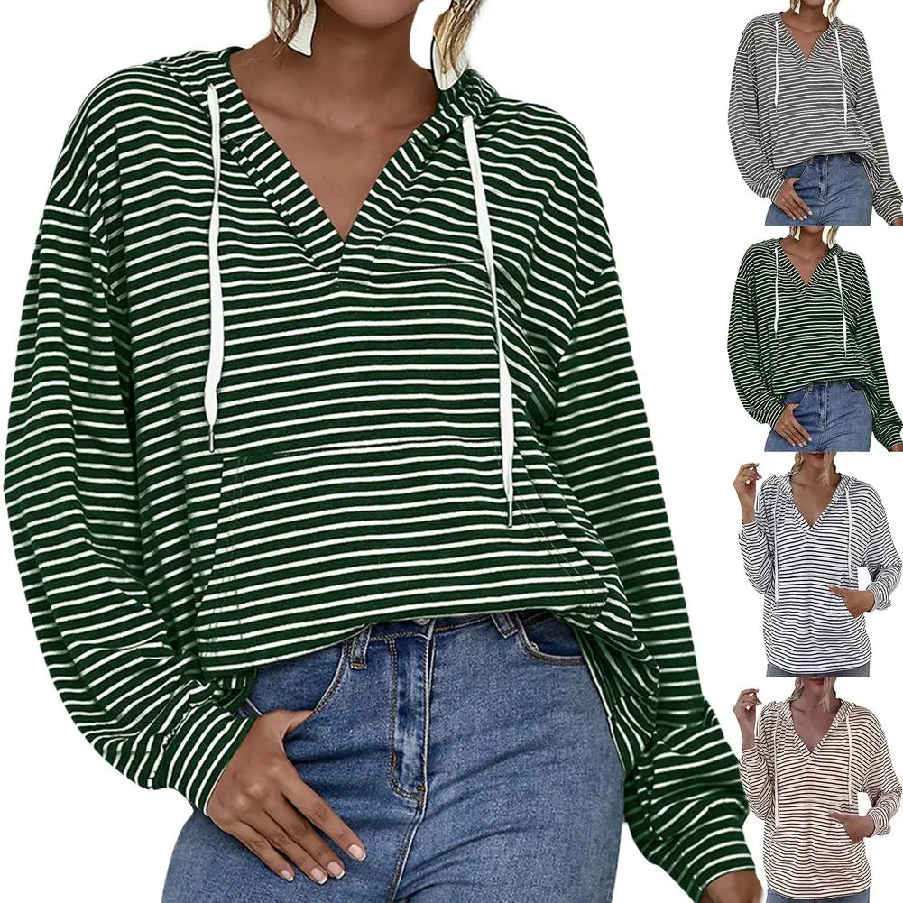 

Women Casual Sweatshirts Long Sleeve V Neck Striped Loose Hoodies Unique Sweatshirt Striped Top Casual Chic