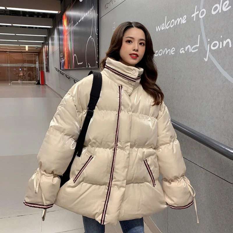 

Winter Thick Warm Parkas Womens Fashion PU Leather Bread Clothes Woman 2021 Black Flare Sleeve Cotton Padded Lady