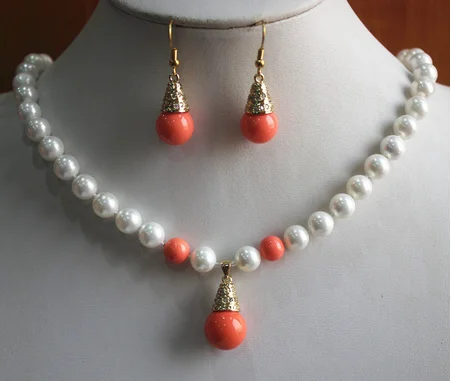 

8mm white/red/orange shell pearl necklace+14mm earrings and pendant jewelry sets