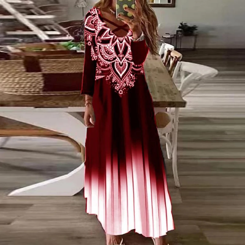 

2021 Retro Printed Women's Dress Spring Long Sleeve and Dress Casual Bandage Hollow V-neck