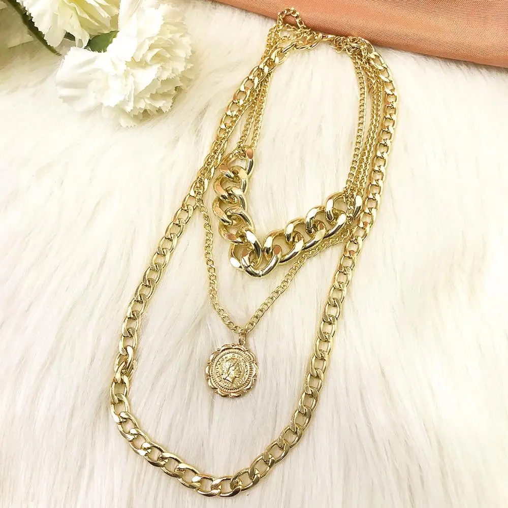 

SHIXIN Exaggerat 3 Multi Layered Thick Cuban Link Chain Pendant Choker Necklace for Women Hiphop Chunky Necklace Fashion Jewelry