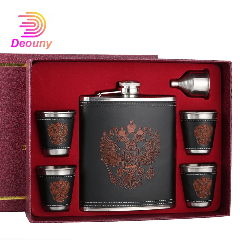DEOUNY 8/16OZ Russian Hip Flask Set Leather Shell CCCP Gifts Alcohol Flasks Stainless Steel Vodka Whisky Rum Bottle Drinkware
