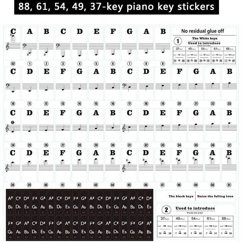

Piano Sticker 37/49/54/61/88 Color Transparent Piano Keyboard Stickers Electronic Key Piano Stave Note Sticker Symbol Keys