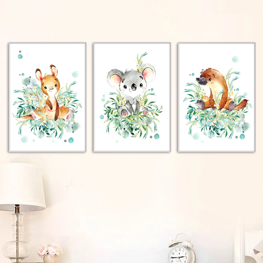 

Cartoon Animals Canvas Painting Paper Nordic Posters Prints Koala Kangaroo Platypus Wall Art Pictures Kids Room Nursery Decor