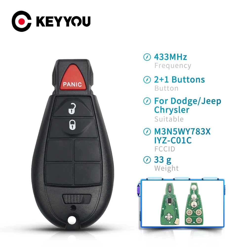 KEYYOU-llave de coche remota inteligente, 2 + 1, 3 botones, para Dodge Grand Caravan, Chrysler Town, Jeep Cherokee M3N5WY783X, IYZ-C01C, 433Mhz