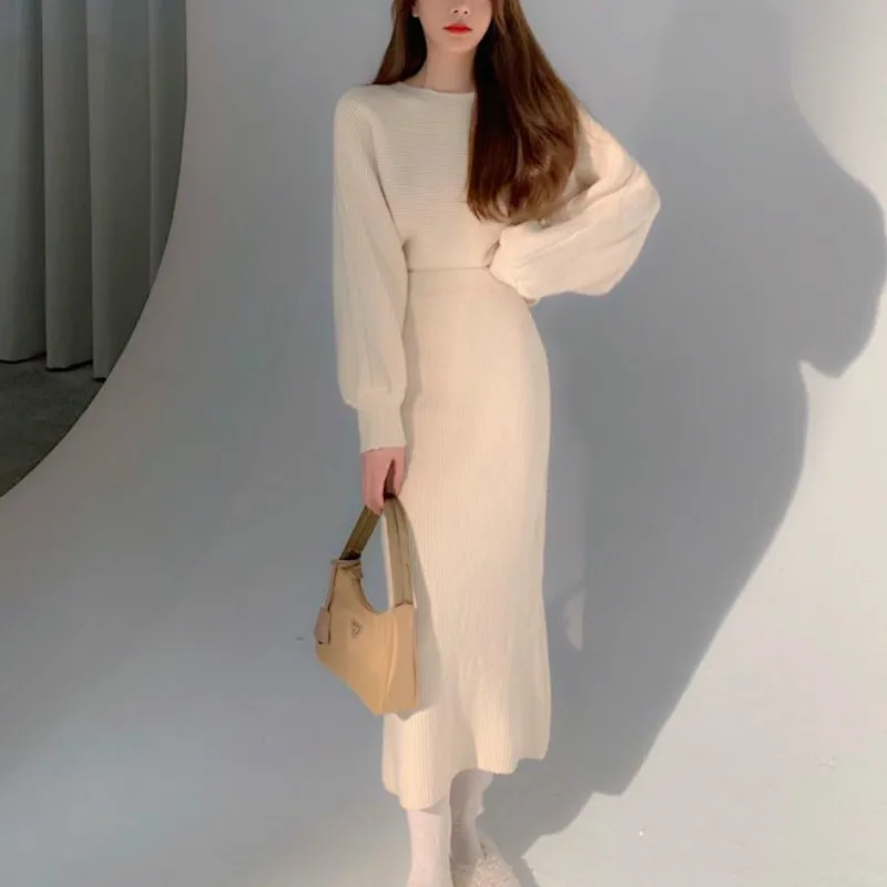 

Knitted Two Piece Set Casual Women Autumn Winter Casual Sweater Sets Office Ladies Korean Style Chic Elegant Female Suits 2020