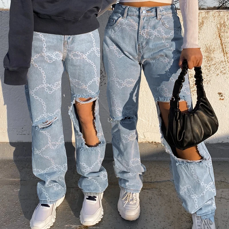 

Chain Print Fashion Straight Ripped Blue Y2K Jeans For Girls Female 2021 Casual Women's Vintage Denim Pants High Waisted Trouser