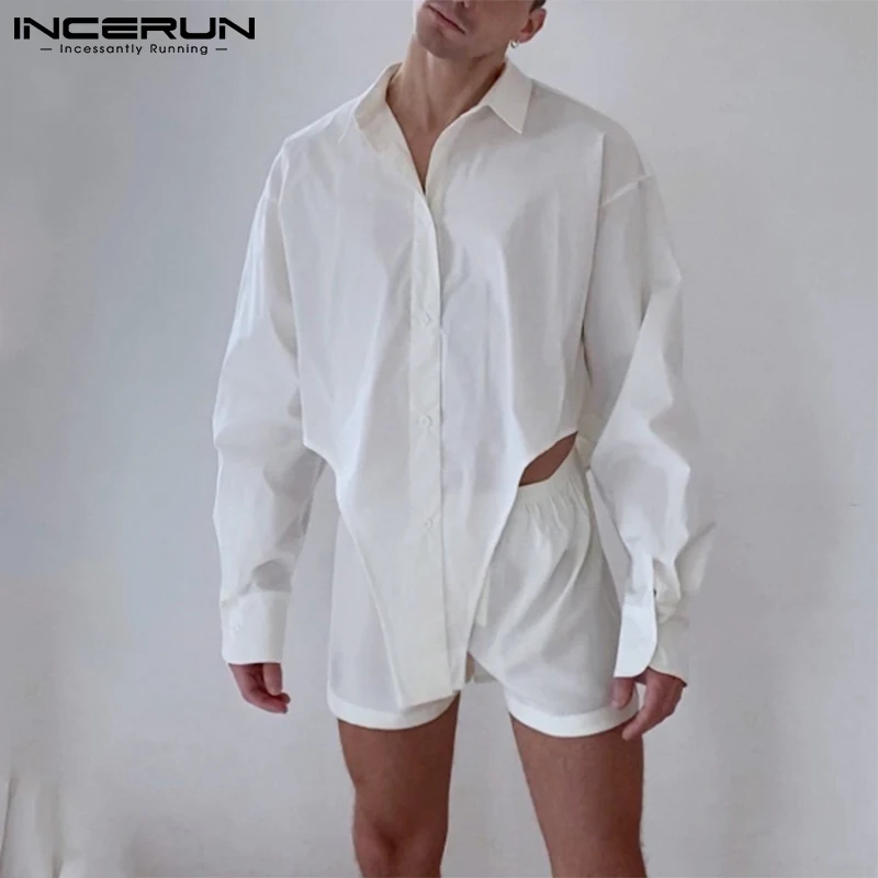 

Комплект INCERUN мужской с длинным рукавом, модная Асимметричная рубашка с эластичным поясом и шорты, однотонная уличная одежда, костюм для отд...