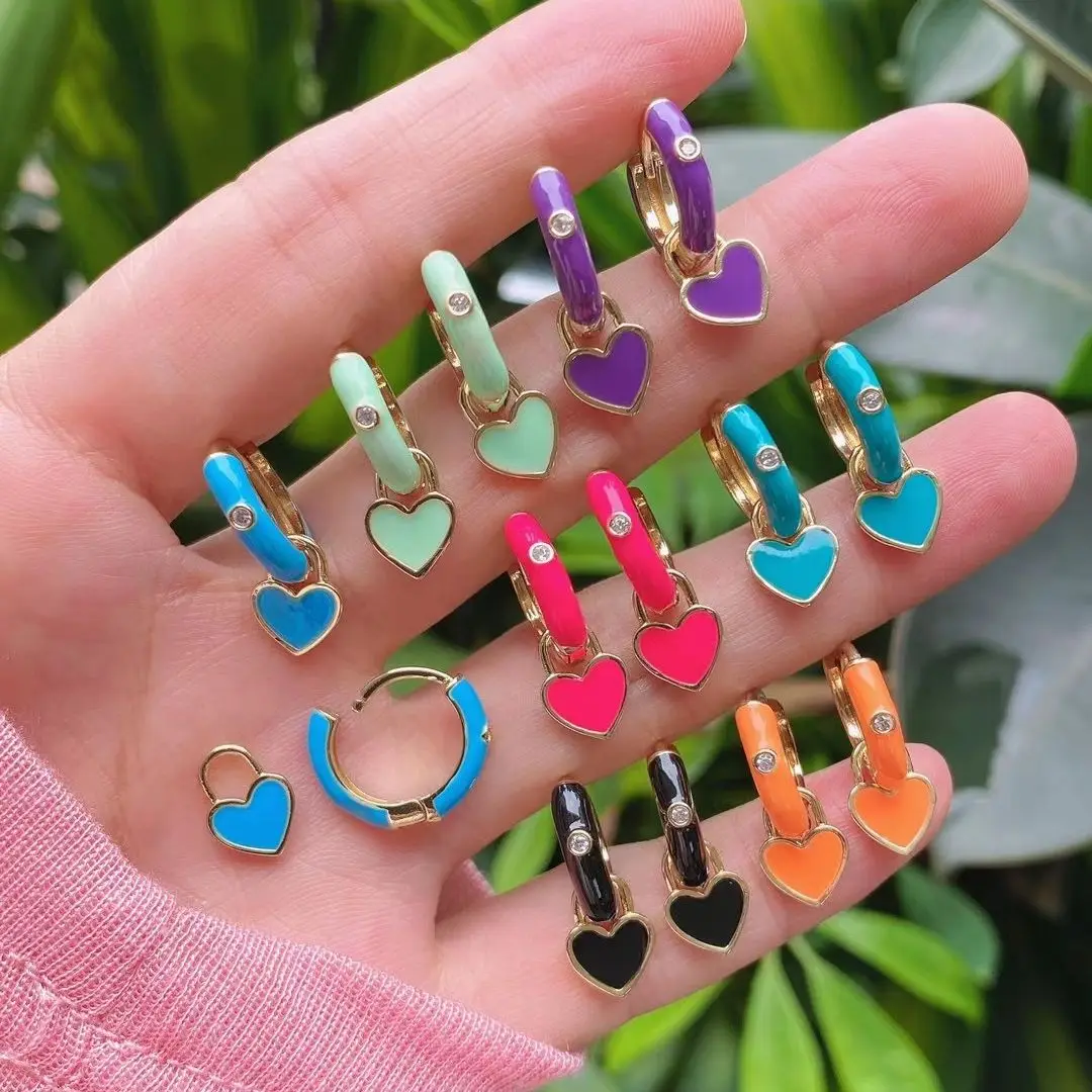 

5 Pairs, Copper Women Enamel Hoop Earrings With Dripping Oil Craft Heart Pendientes Dangle Ear Rings for Women Jewelry