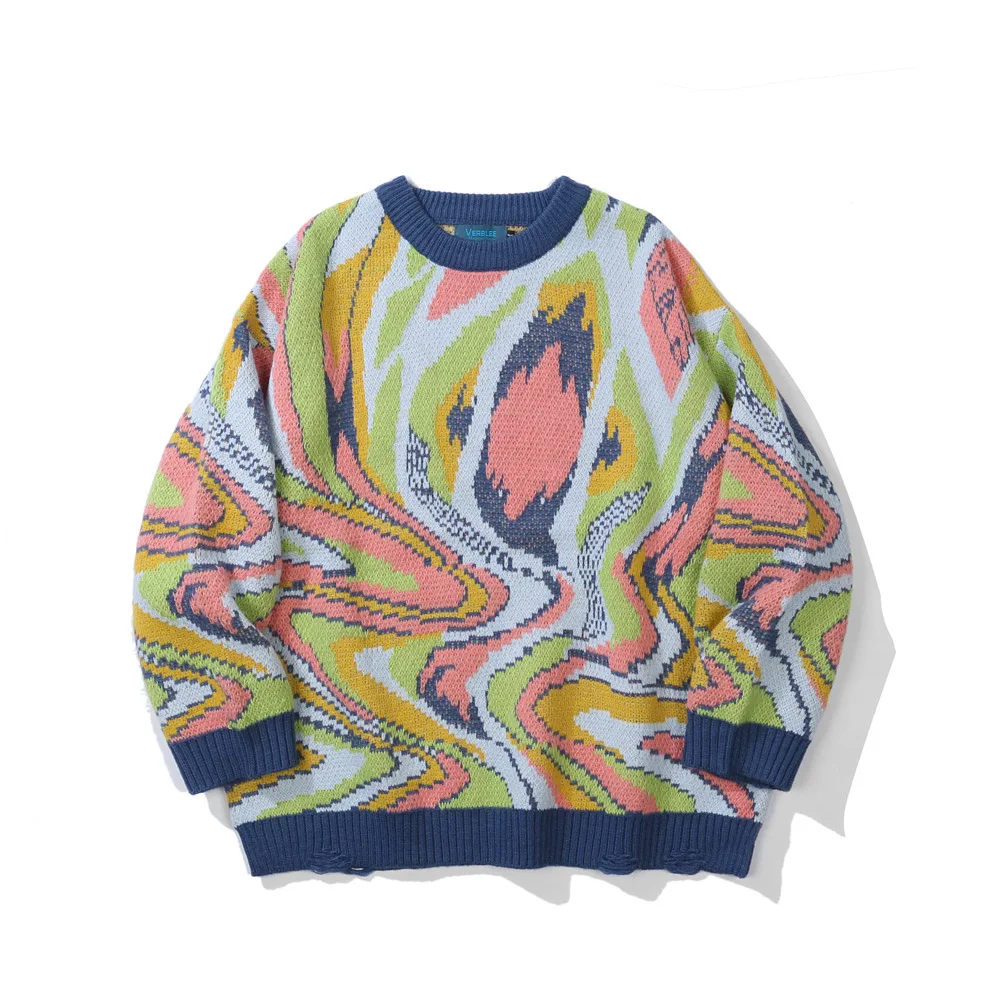 

EukaaRu Abstract Color Matching Jacquard Sweater Men Fashion Loose Hip Hop Sweater Women Oversized Clothing Tops Mens Pullover