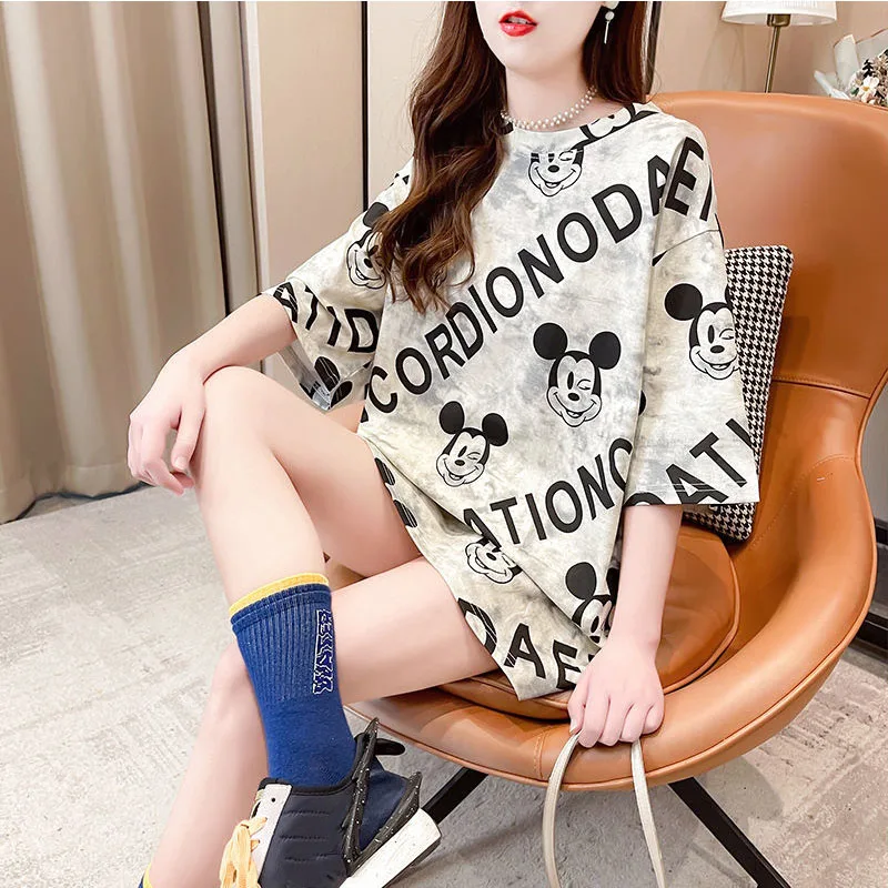 

Mickey Mouse T-Shirt Midi Dresses Short Sleeve Casual Women Kawaii Beach Dress Summer Cartoon Loose Vestidos Robe Femme Korean