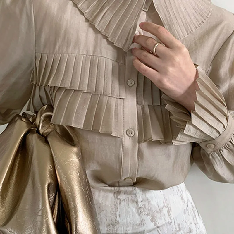 

ZAWAHIKI Korean Chic Vintage Blusas Mujer Elegant Soild Lantern Sleeve Blouse Pleated Patchwork 2021 Spring Fashion Women Shirts