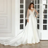 exquisite deep v neck full sleeve wedding dresses with applique a line floor length jersey zipper back brush train bridal gowns