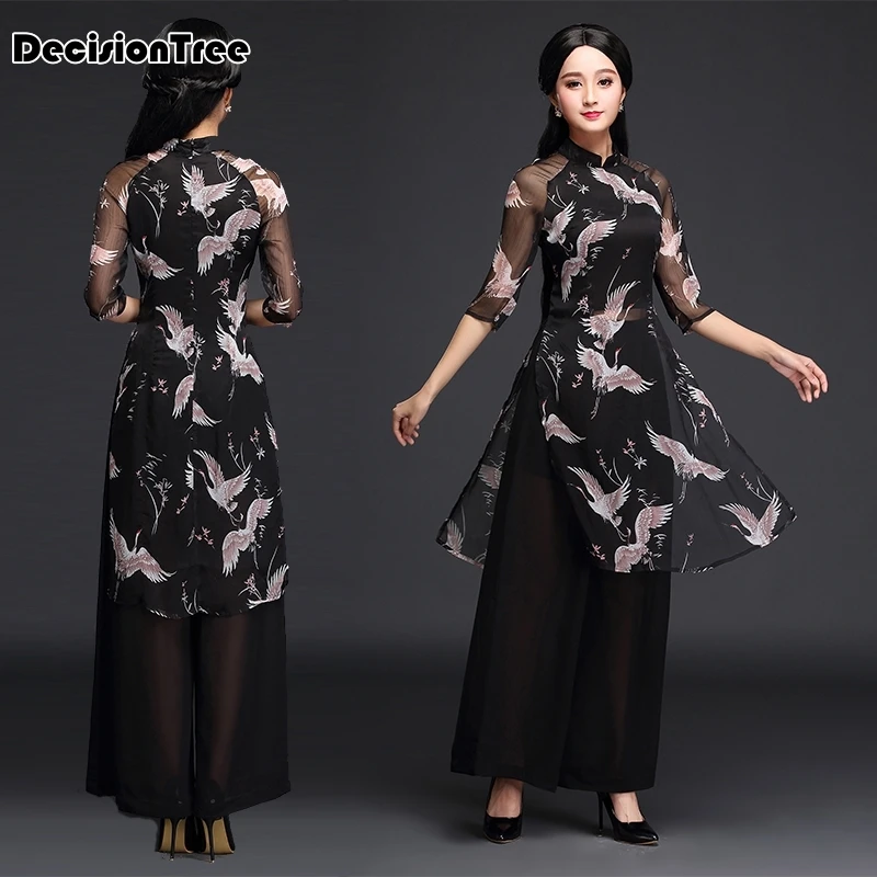 Женский шифоновый aodai вьетнамская традиционная одежда ao dai вьетнамские халаты и брюки цельный комплект женских платьев Улучшенный Чон
