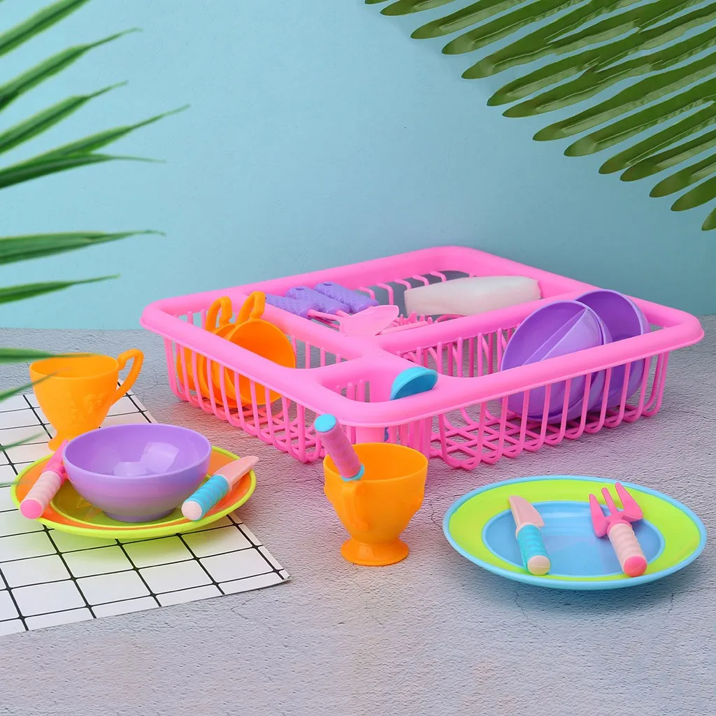 

Kids Pretend Play Dishes Kitchen Playset Wash and Dry Tableware Dish Rack Toy with Drainer Toys For Children Kids Toys Gift