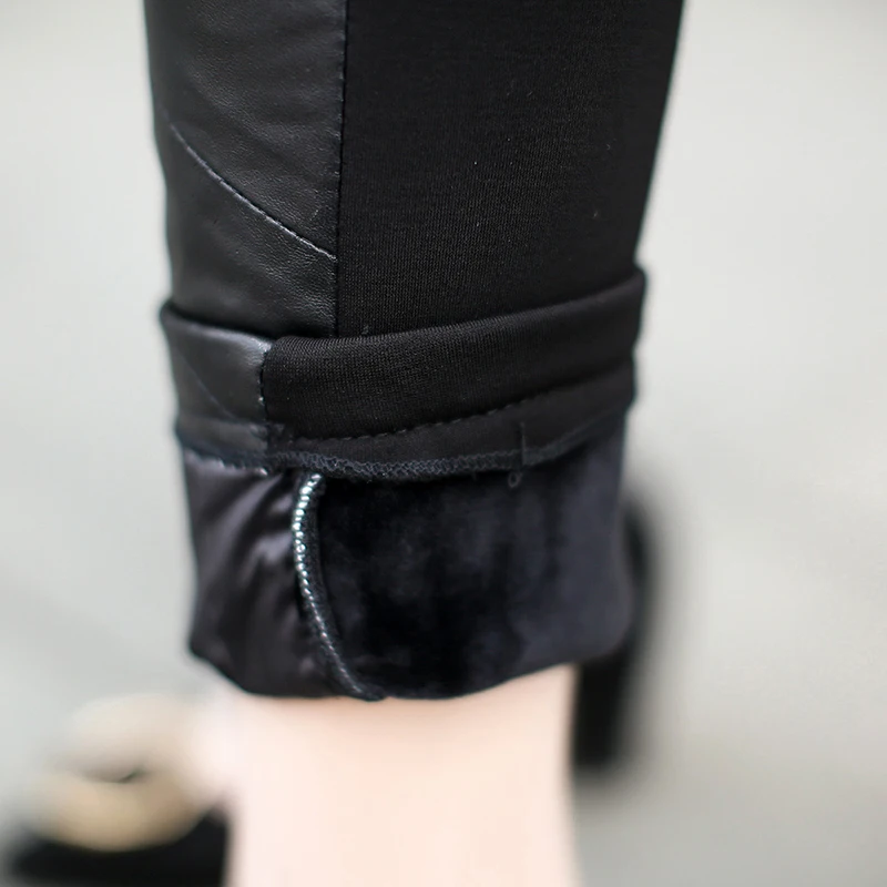 

Winter High Waist Sheepskin Warm Pencil Pants Women OL Style Elegant Lace Patchwork Trousers Black Real Leather Slim Pants
