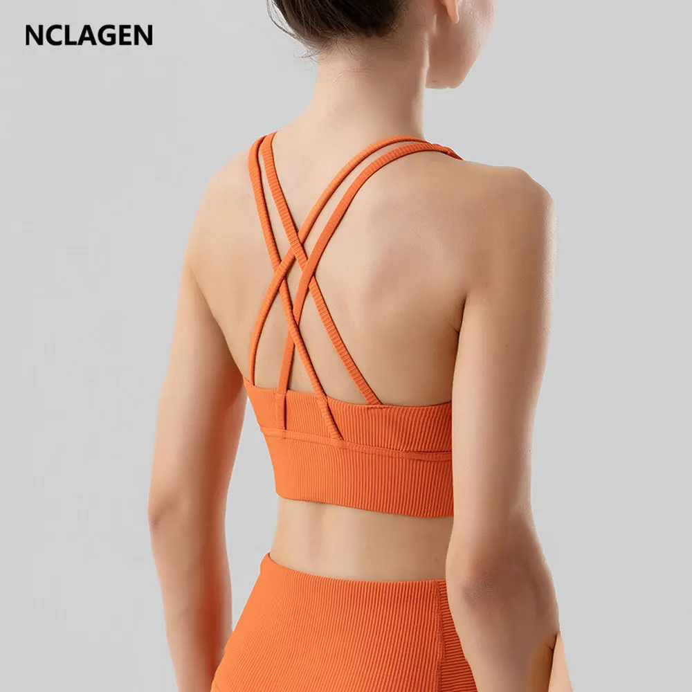 

NCLAGEN Sport Bras Women High Support Fitness Underwear Cross Back Fitness Shockproof Running Brasier Gym Crop Top Push-up Vest