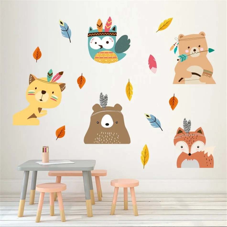 

Zollor Animal Bear Fox Cat Wall Stickers for Kids Rooms Bedroom Living Room Self-adhesive Wall Decals Wallpaper Home Wall Decor