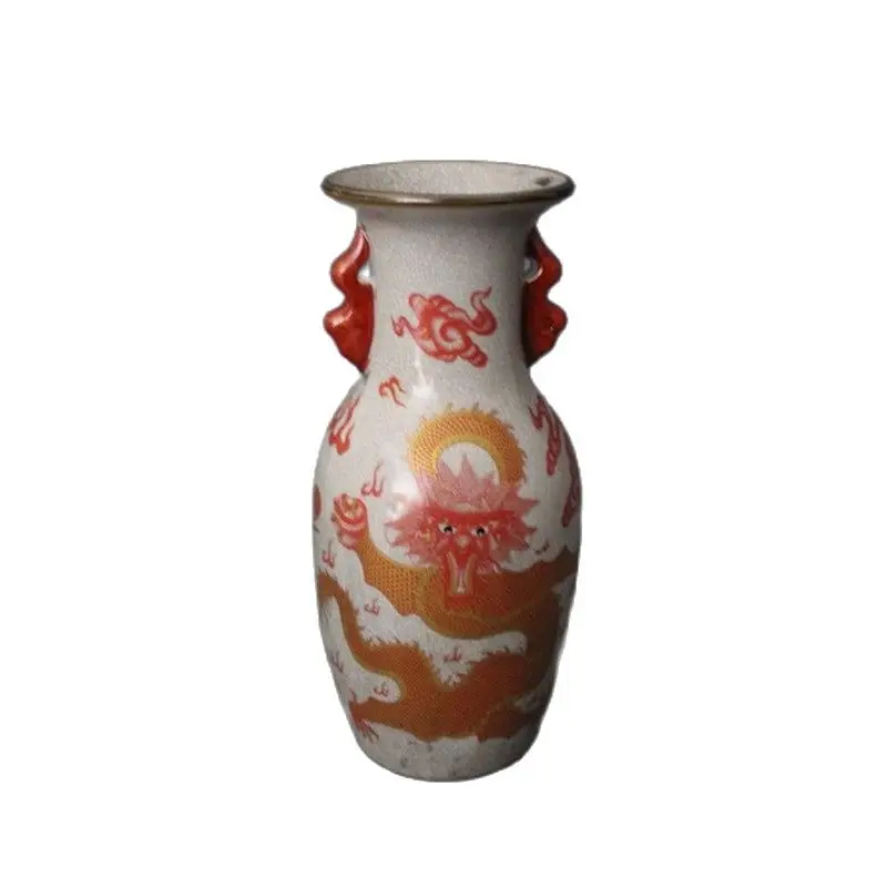 

Chinese Old Porcelain Crack Glazed Dragon Pattern Picture Binaural Vase