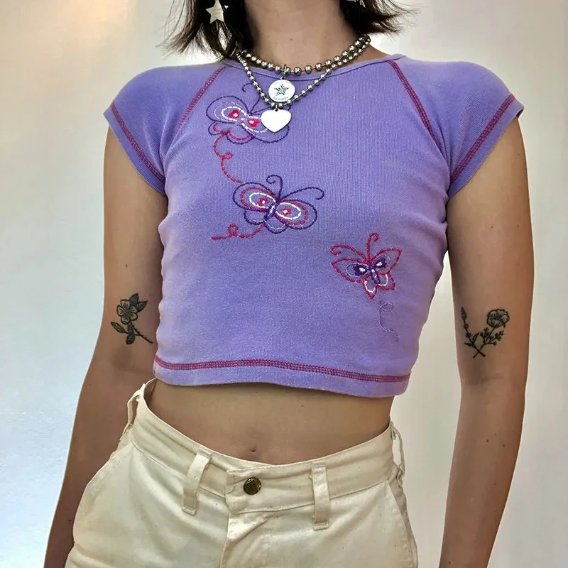 

Reverse line butterfly embroidery raglan short-sleeved short T shirt sexy crop summer top harajuku Short vintage streetwear y2k