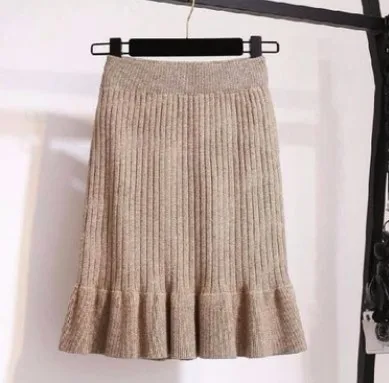 Khaki 50cm Женская Длинная трикотажная юбка осень зима женские плиссированные юбки миди макси тонкая облегающая юбка однотонная женская офисная одежда юбка - Цвет: Khaki 50cm