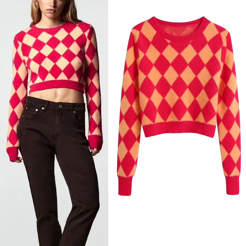 

Женский свитер с рисунком ромбиками, Модный пуловер с круглым вырезом на осень и зиму, женские толстые теплые свитера с длинным рукавом для ...