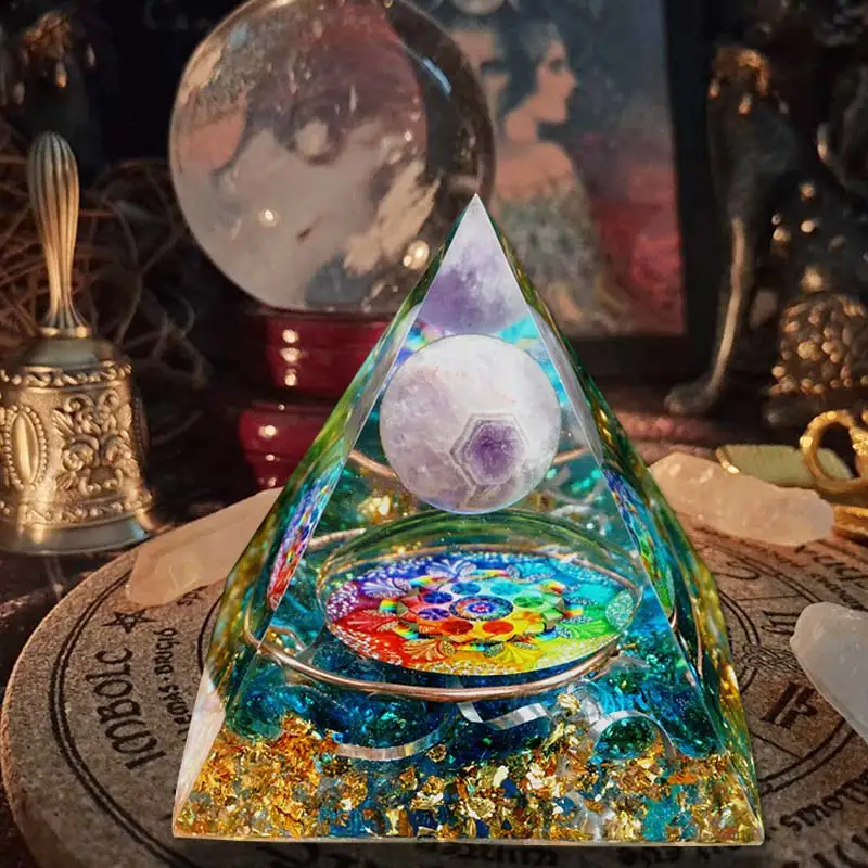 

Handmade Amethyst Crystal Sphere Orgone Pyramid Copper Blue Quartz EMF Protection Energy Orgonite Home Decoration