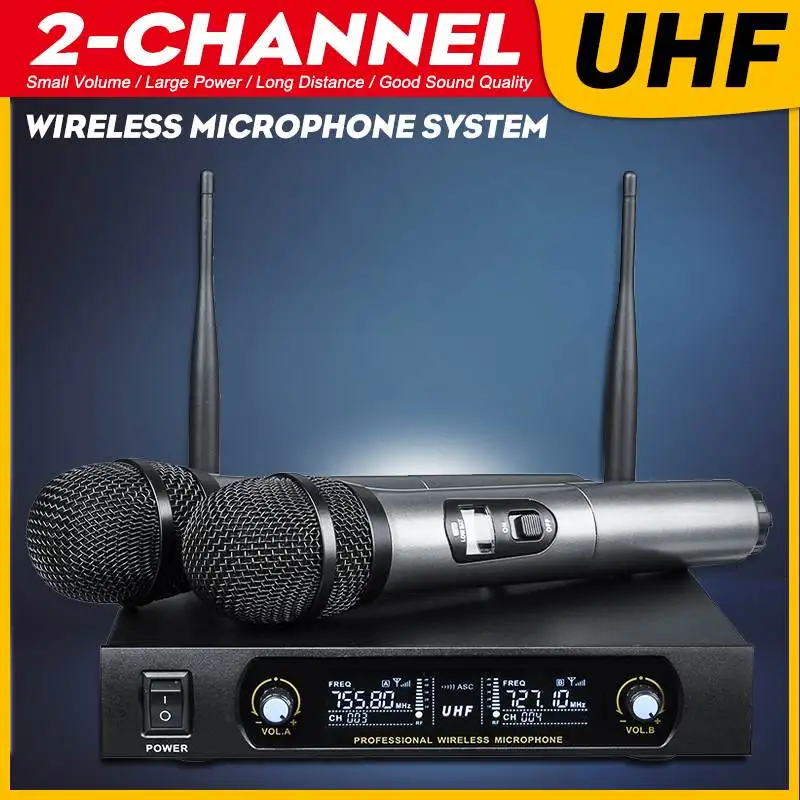 

Professional UHF Wireless Microphone System Dual Channel Cordless Handheld Mic+Receiver Kareoke KTV Home Party Supplies