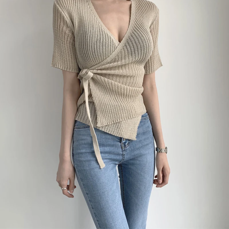 

TIGENA Sexy Wrap Top Women 2021 Summer Knit One Piece Short Sleeve T-shirt Women Korean Tunic T Shirt Female Clothing tshirt