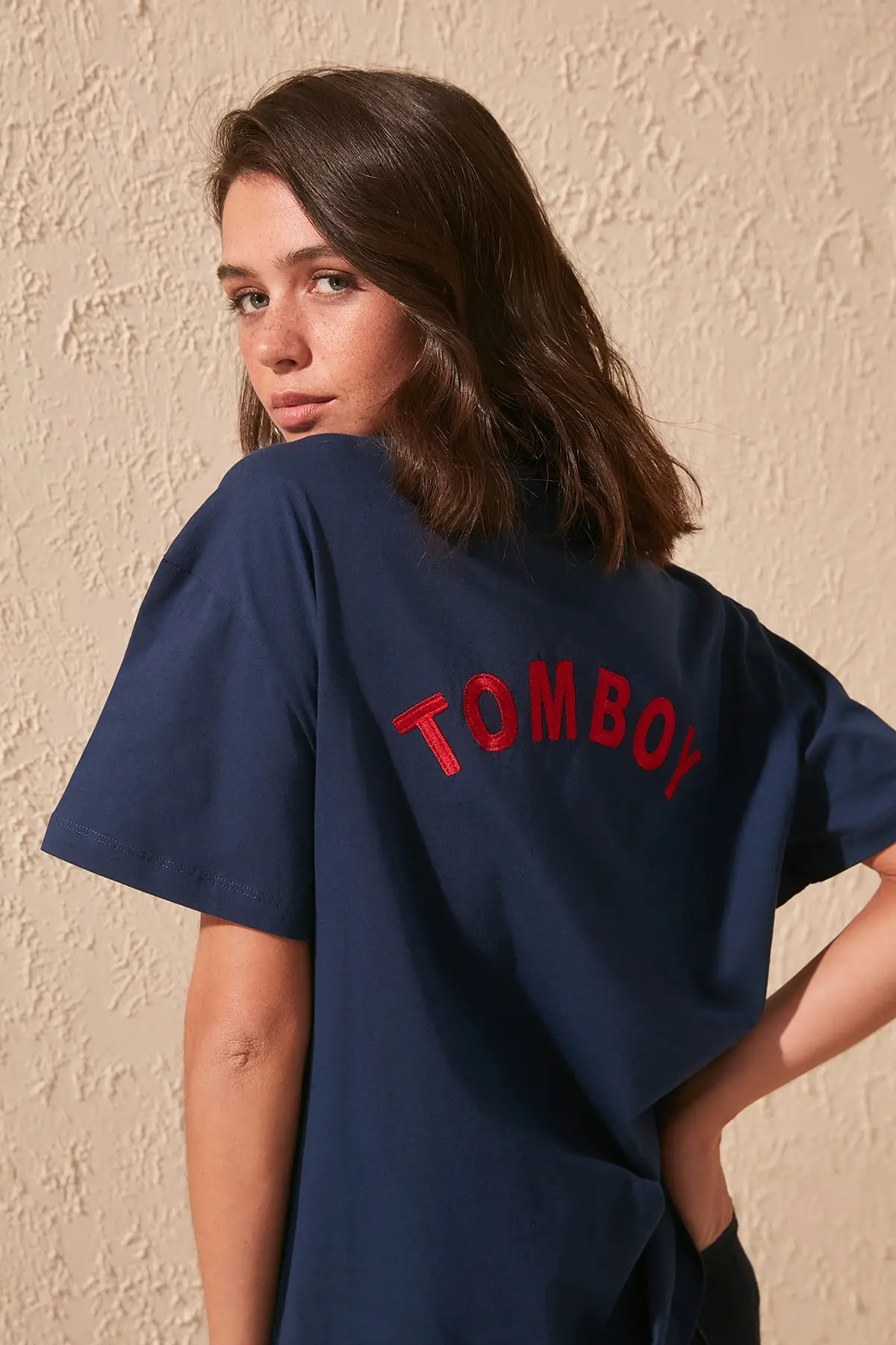 Trendyol Navy Embroidered Boyfriend Knitted T-shirt TWOSS19GS0111 | Женская одежда