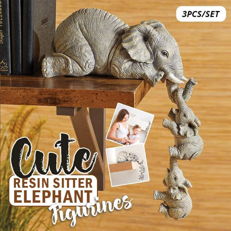 

Elephant Sitter Hand-Painted Resin Figurines Set Mother and Two Babies Hanging Off The Edge of Shelf Table Collections Ornaments