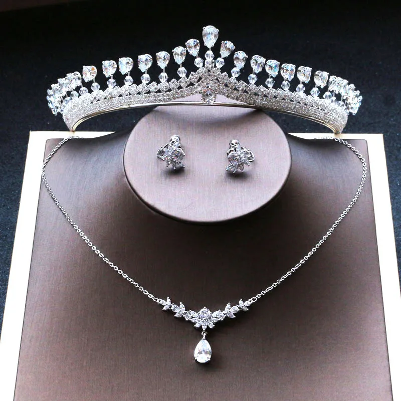 Свадебные ювелирные наборы из колье и серёг с короной циркона|Ювелирные для