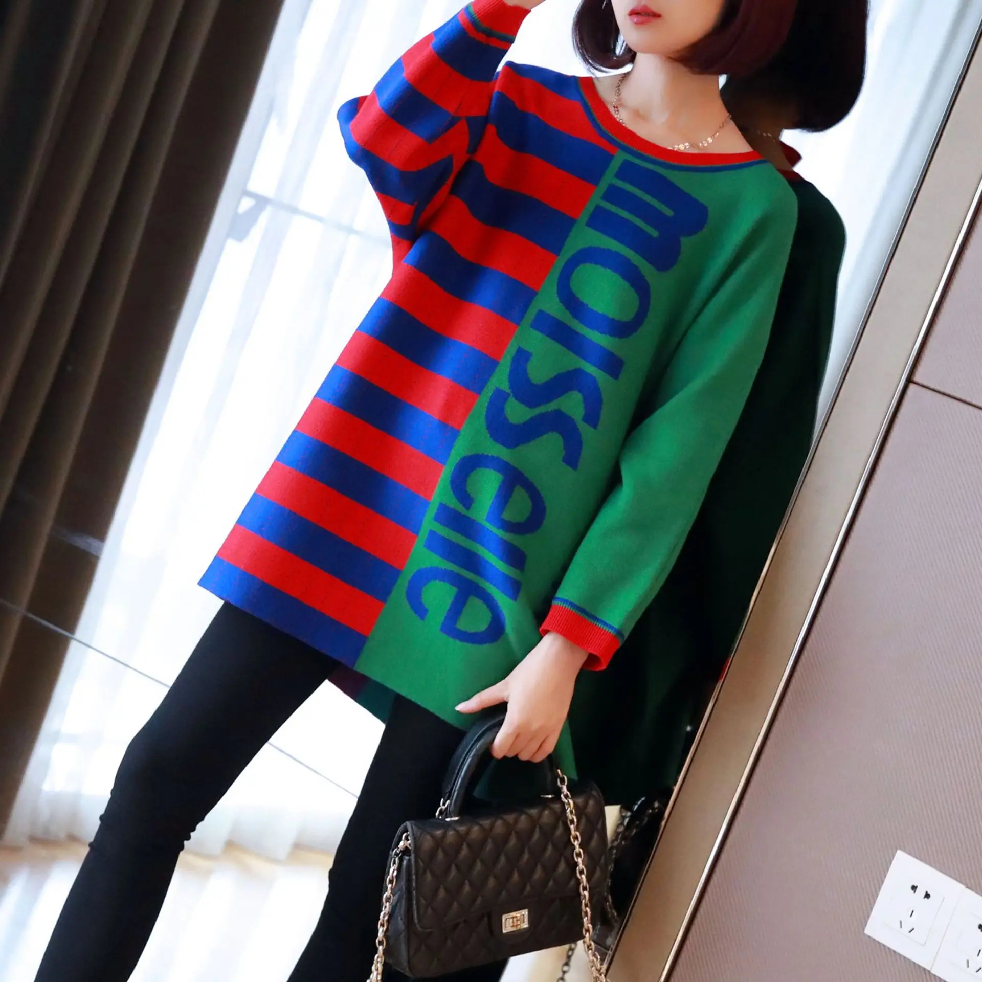 

Long section of female striped sweater 2019 autumn and winter long-sleeved sweater lady autumn loose big yards pullover shirt