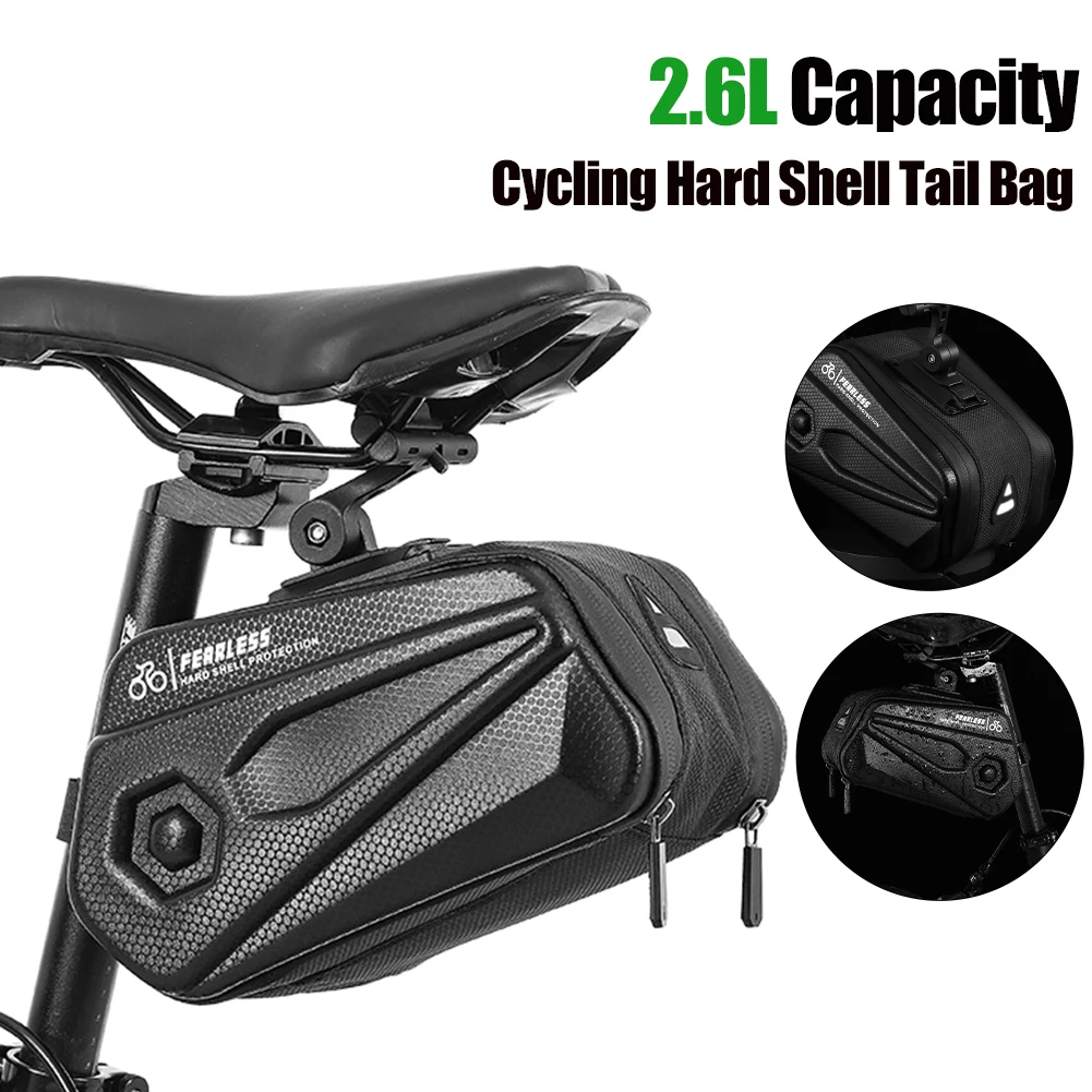 

2.6L Bicycle Saddlebag PU/EVA Hard Shell Waterproof Reflective Bike Under Seat Bag Adjustable Tail Bag Cycling Night Ride Travel