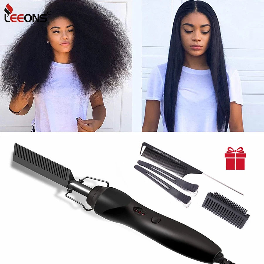 

Leeons Black Hot Comb Hair Straightener Flat Iron Electric Hot Heating Comb Wet And Dry Hair Curler Straight Styler Curling Iron