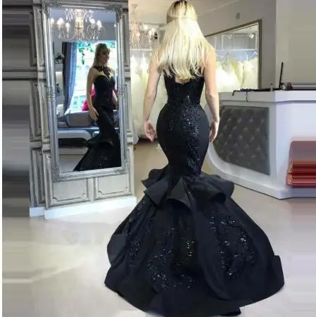 

2020 Customized Black Evening prom Dresses Mermaid With Ruffles Beaded Appliques Sheer Round Neck Strapless party Girls Gowns