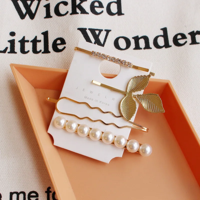 3-Leaf pearl Hairpin Корейская мода металлическая Золотая заколка в виде геометрических фигур имитация жемчуга любовь письмо заколка для волос блестящая Звезда длинная полоса Заколка-Утконос - Окраска металла: 3-Leaf pearl Hairpin