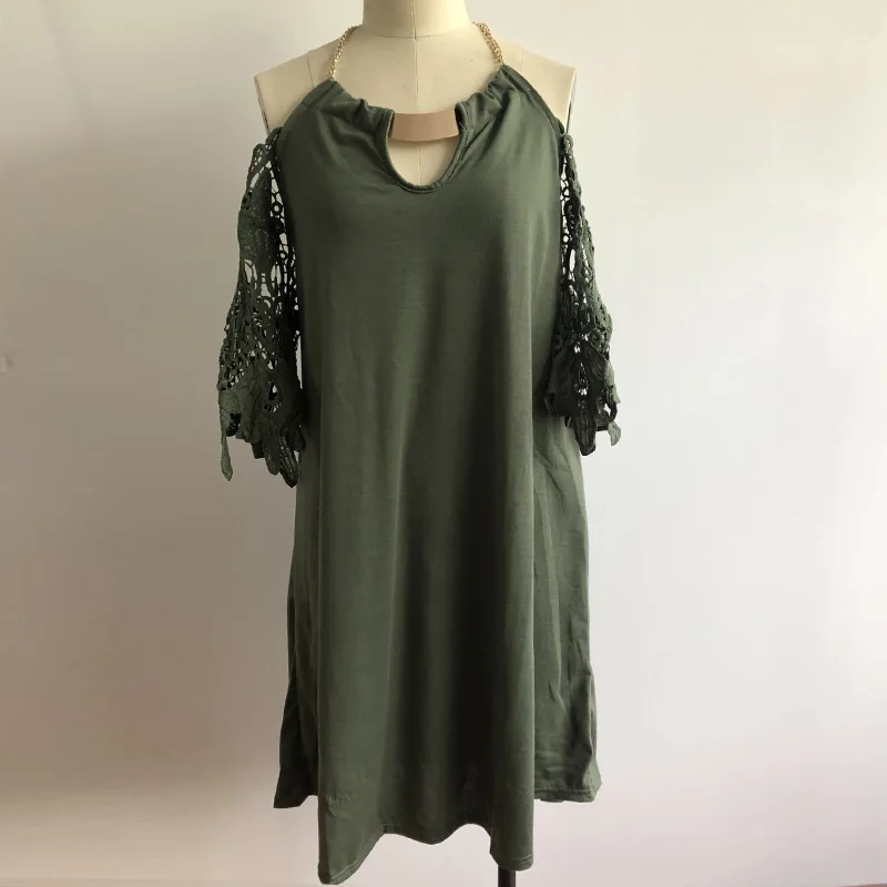 

Vintage Women Off Shoulder Halter Dress Summer Hollow Out Sleeve Mini Dresses Ladies Solid Loose Mini Beach Dress Sundress