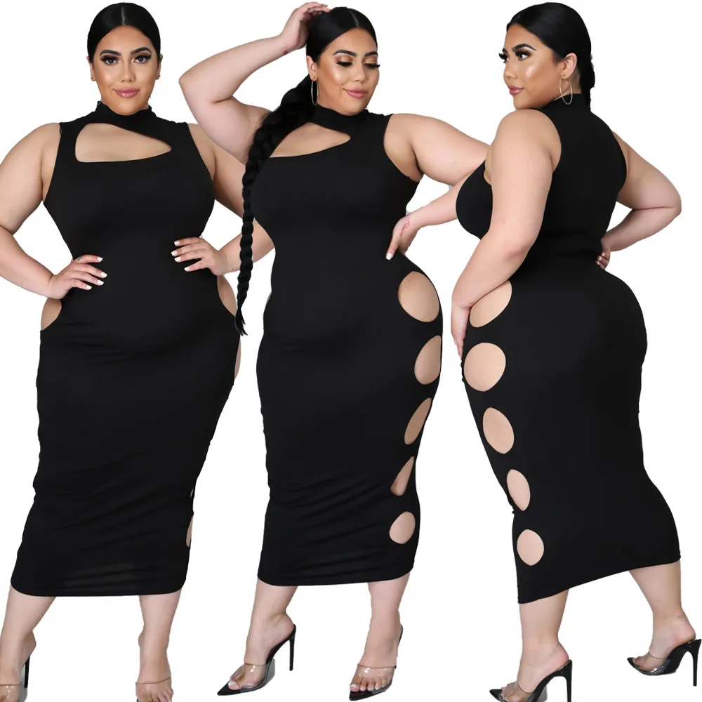 

AR5670 Europe and the United States 2021 sexy plus size women's clothing irregular fashion hole solid color dress