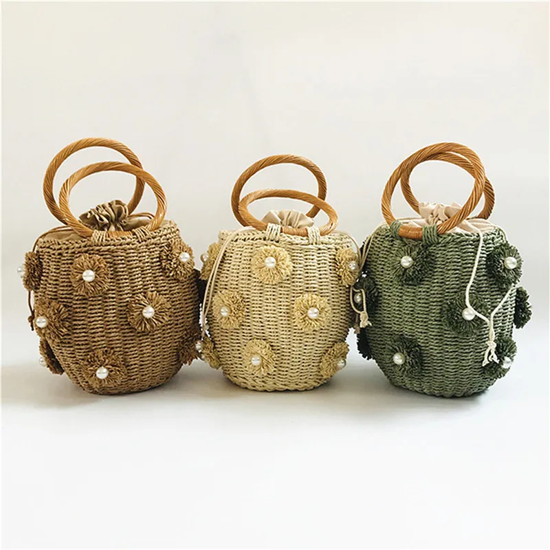

2021 New Handmade Rhinestone Crystal Embellished Straw Bag Small Straw Bucket Bags Lady Travel Purses And Handbags
