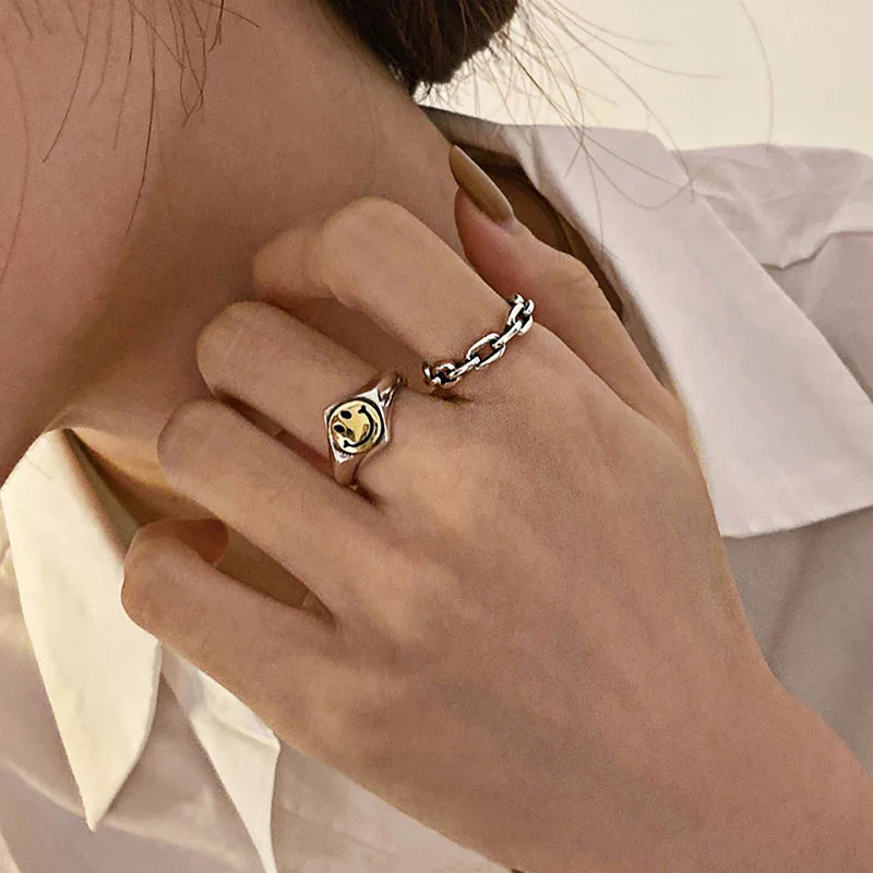 

Foxanry 925 Sterling Silver Smiley Face Rings for Women Trendy Creative Simple Chain Geometric Party Jewelry Gifts Wholesale