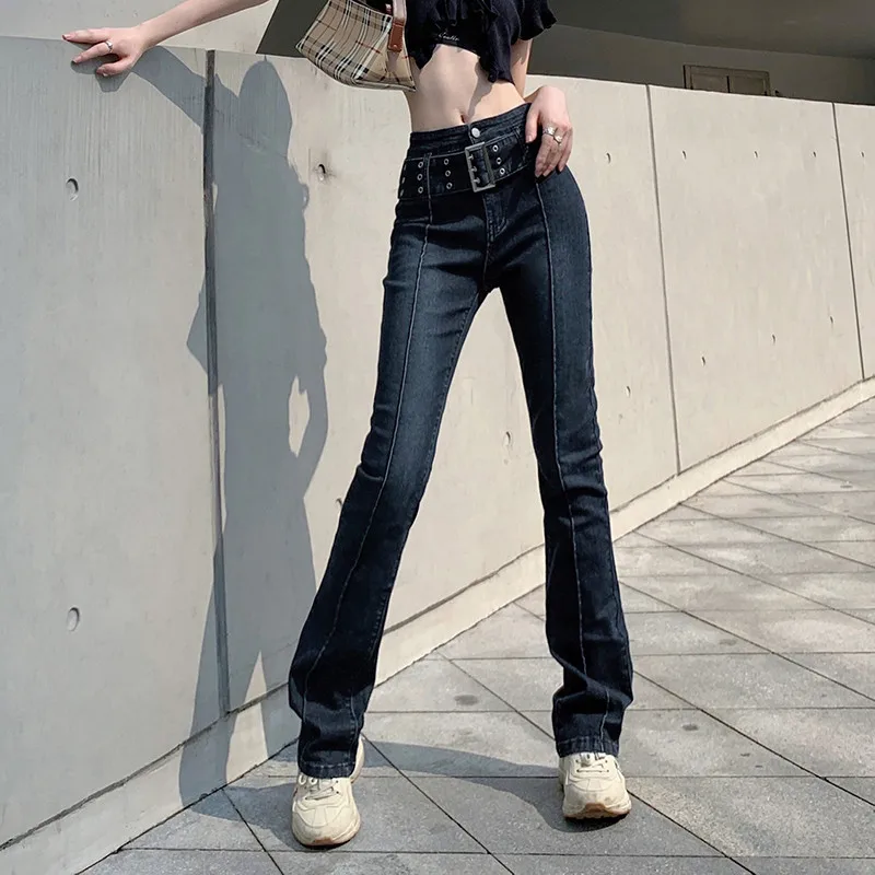 

Sexy Hot Girl Jeans With Belt Slimming Stretch Flared Leg Denim Trousers High Waist Solid Color Fashion Female Clothing