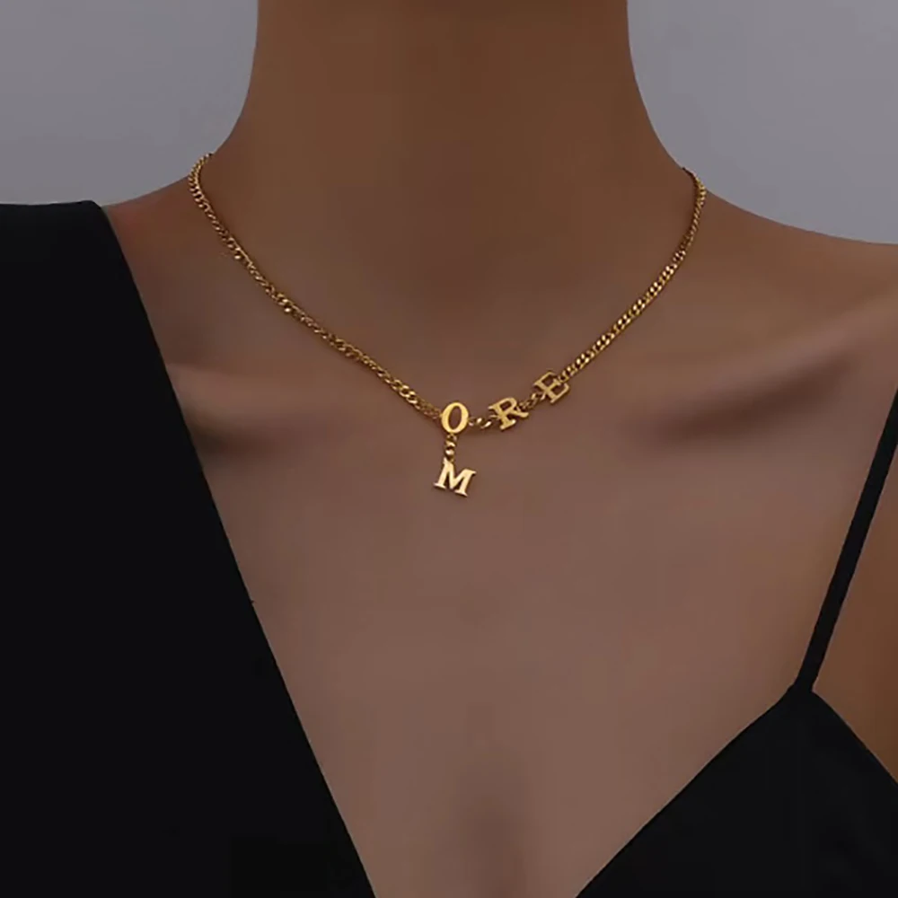

HUHUI Custom Initial Letters Necklace Personality Vertical Pendant Stainless Steel Cuban Chain Jewelry For Women Birthday Gift