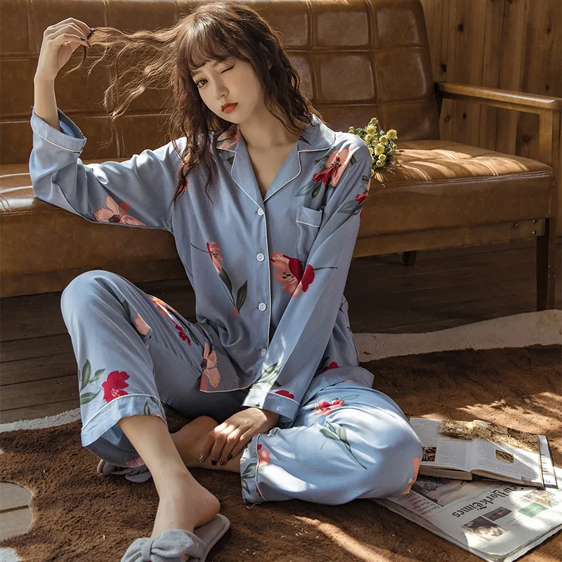 

Women Nightwear Flower Female Cotton 2PCS Sleep Set Intimate Lingerie Pajamas Suit Spring Autumn new Home Clothing Pyjamas