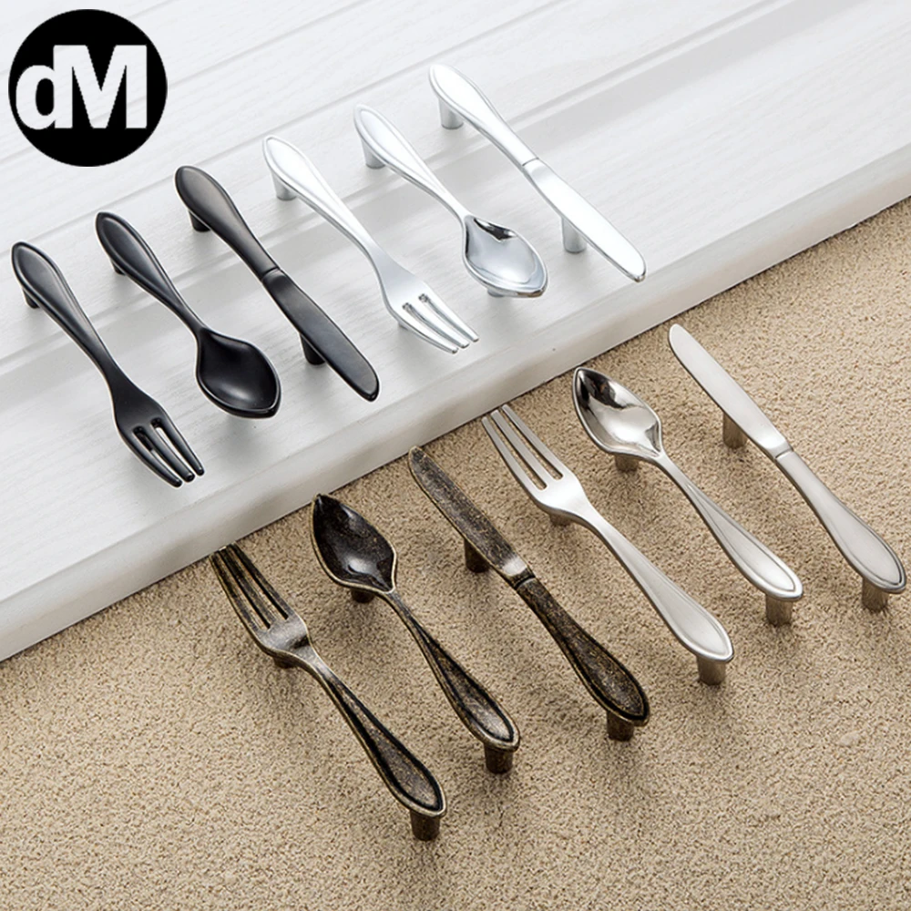 

DM 10pcs/Set Creative Knife Fork Spoon Kitchen Cabinet Handle Sideboard Door Bright Silver Gold Black Bronze Cabinet Pulls 2021