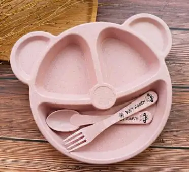 pink plate set 3 шт./компл. пшеничной соломы посуда Носки с рисунком медведя из мультика детская посуда для детей с суповую тарелку, производство Китай детская тарелка вилка ложка для грудничков, набор посуды - Цвет: pink plate set