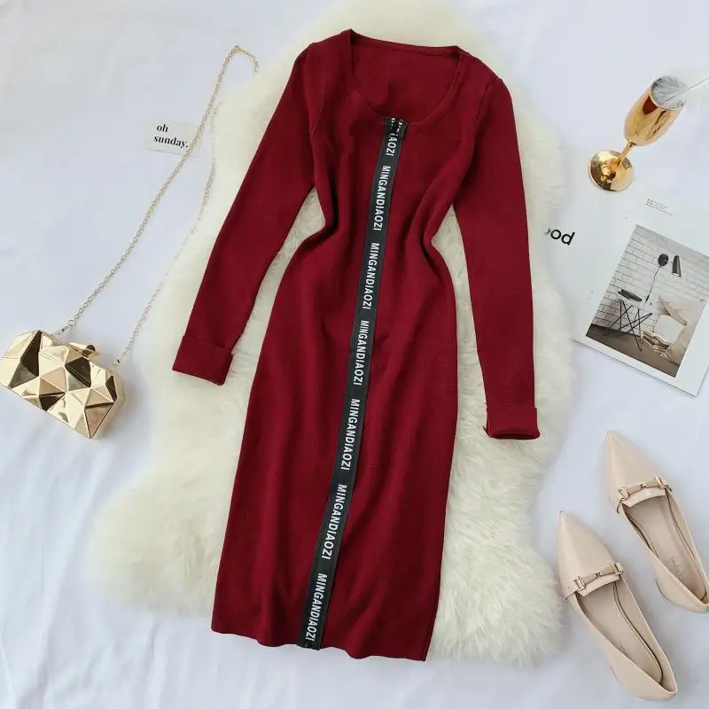 YornMona Women Designer Casual Dress Letter Zipper O-neck Knitted Bodycon Dress Winter Elegant Ladies Office Dress Vestidos
