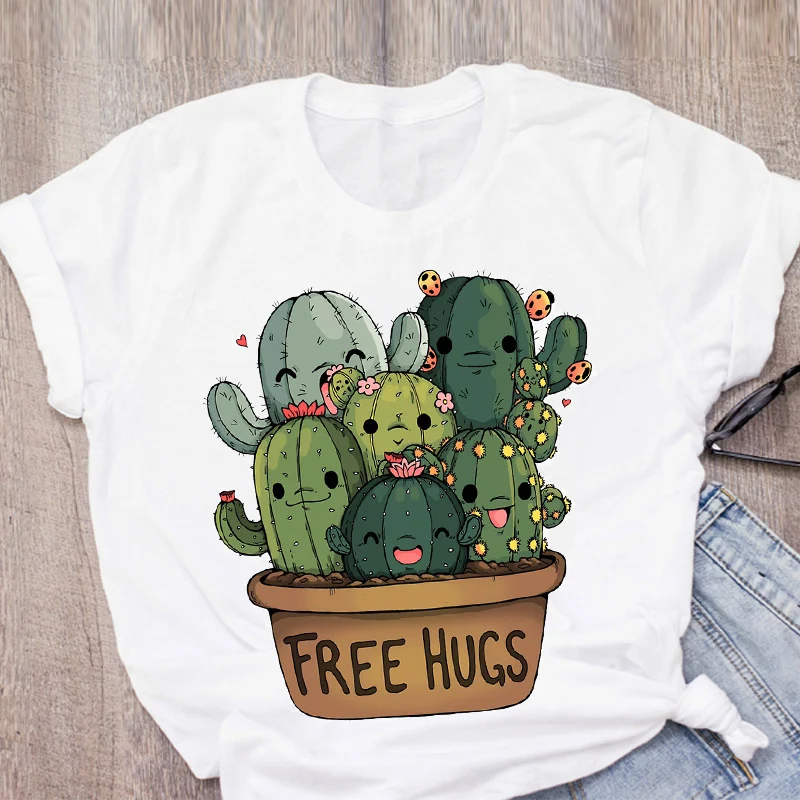 

Women Graphic Cactus Free Hug Fashion Cartoon Short Sleeve Summer Lady Tops T-Shirt Shirt Womens Clothing Tees Female T Shirt