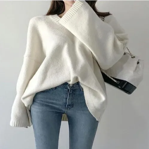 

2023 New Autumn Winter Women Knitwear Sweaters Fashion Long Sleeve V Neck Causal Solid Loose Korean Styles Pullovers W546